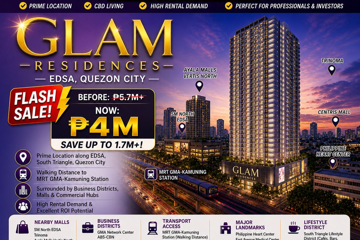 1 Bedroom Condo for Sale in Glam Residences, South Triangle, Quezon City, Metro Manila near MRT-3 Kamuning