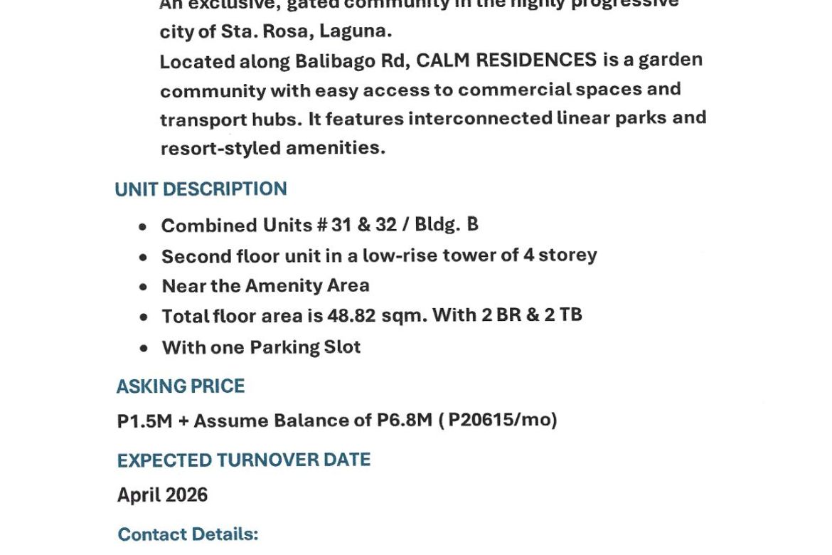 2 Bedroom Condo for Sale in Calm Residences, Balibago, Santa Rosa, Laguna – photo 2